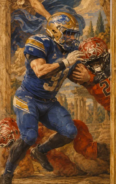 Jugador número 87 de Auténticos Tigres rompiendo una tacleada, pintura estilo renacentista