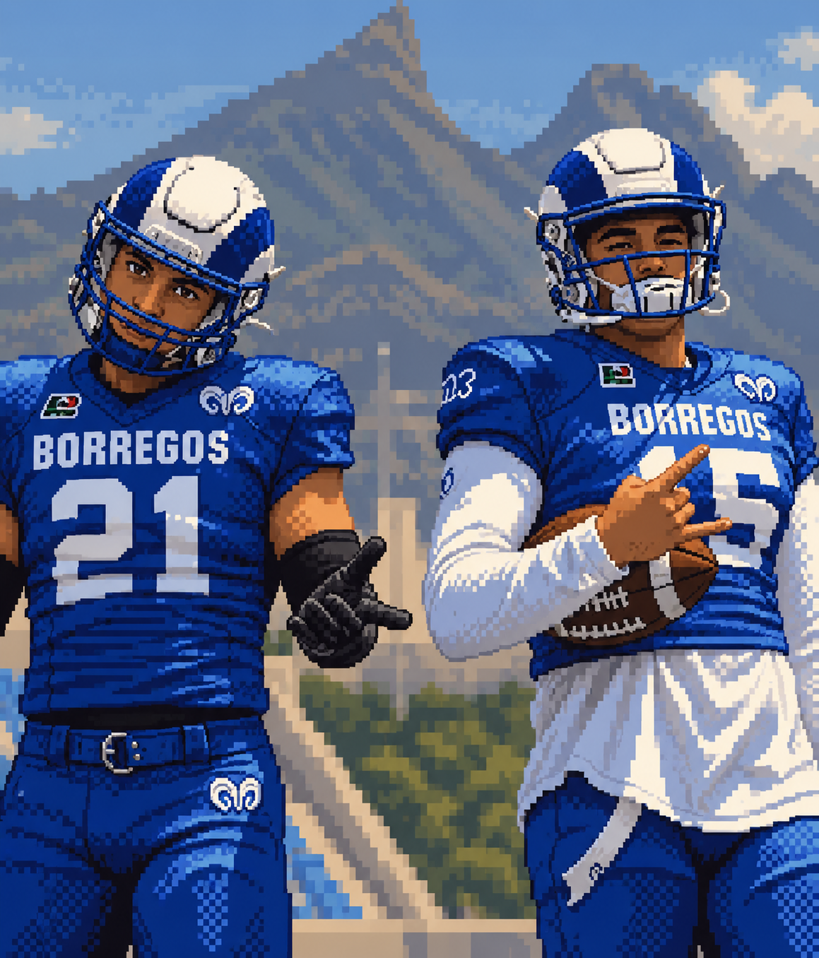 Ilustración pixel art de dos jugadores de Borregos frente a las montañas